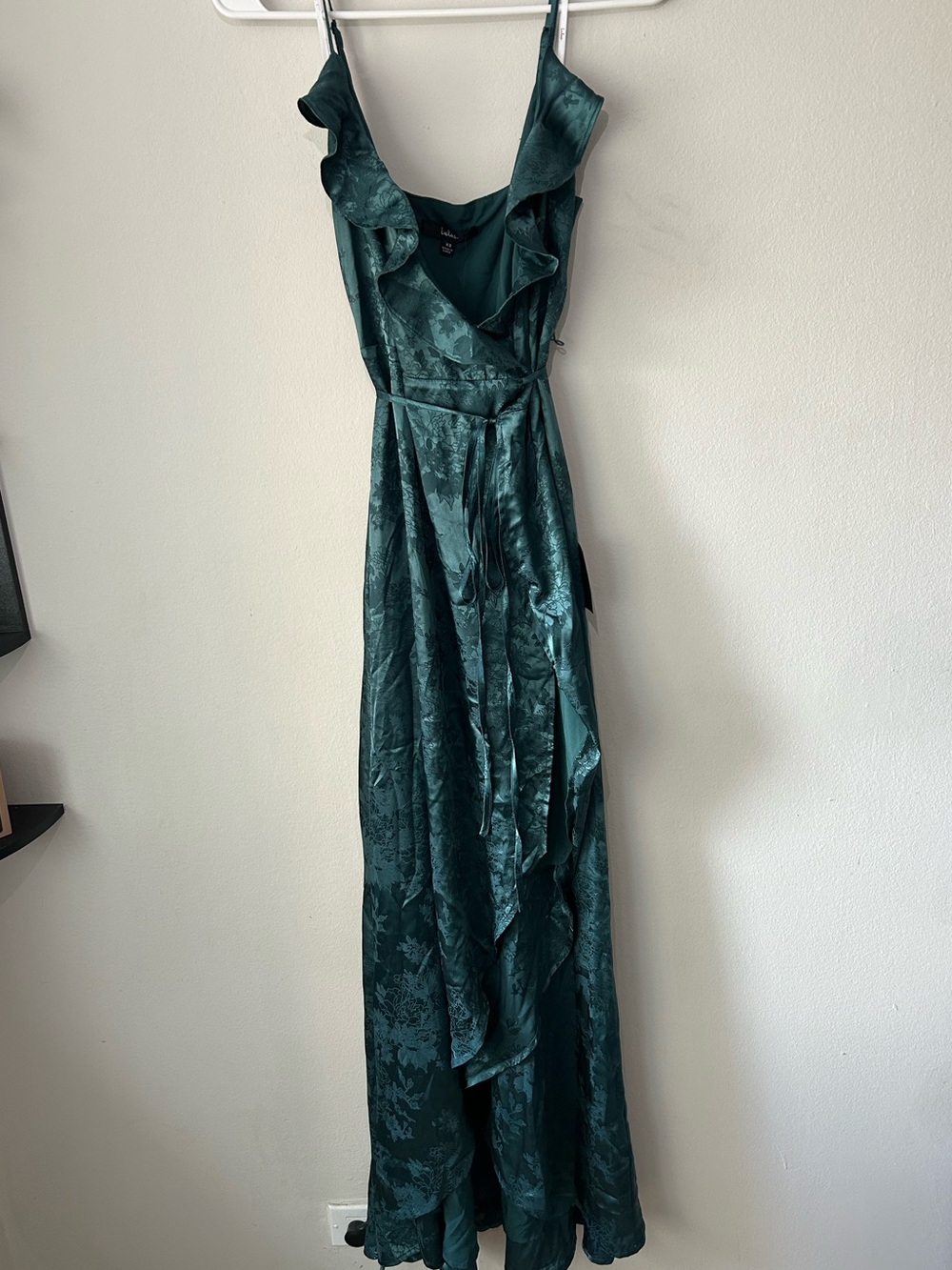 Emerald Green Satin Wrap Maxi Dress with slight tear - Picture 4 of 8